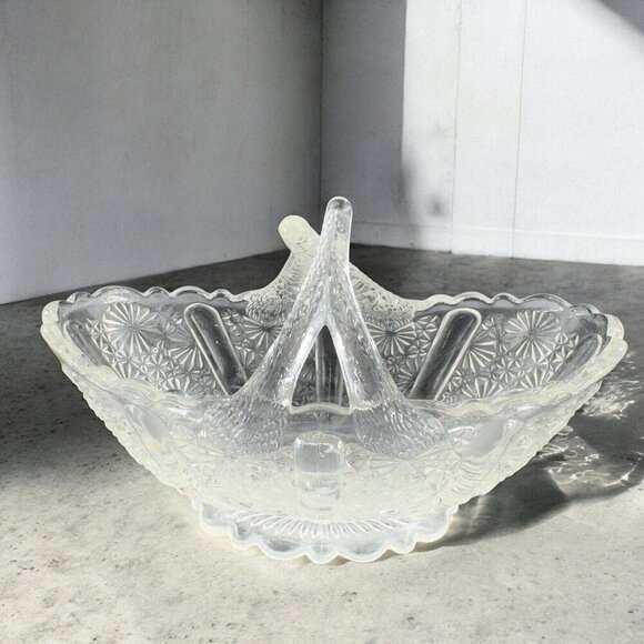 Fenton Glass Clear Daisy Button Basket Split Twig Handle Manganese 365nm Glow UV - Picture 4 of 15